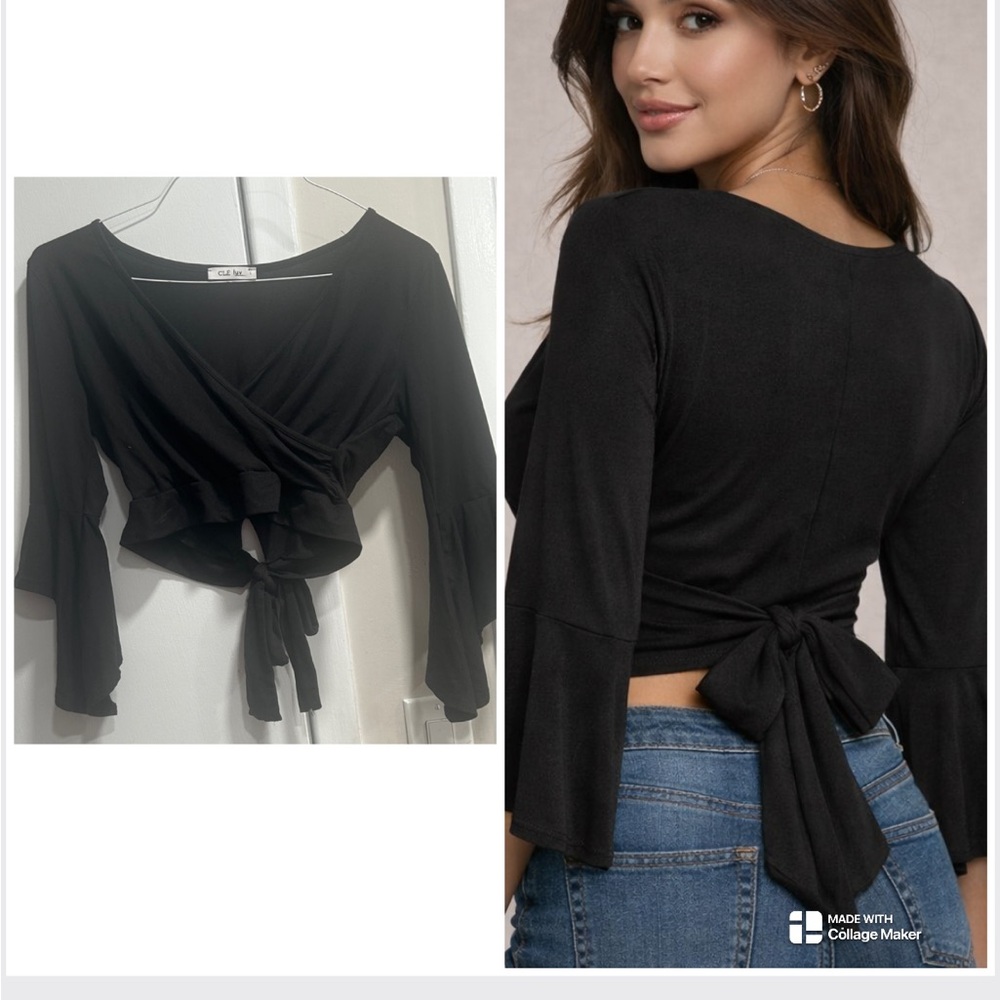 Black Wrap Womens Crop Top with Bell Sleeves size Large 🖤